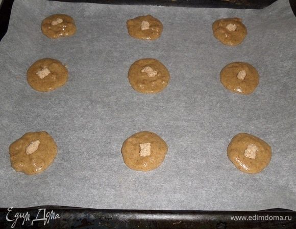 На противень, застеленный пергаментом, выкладываем чайной ложкой тесто. В центр каждой лепешки кладем по 1 грануле отрубей. 