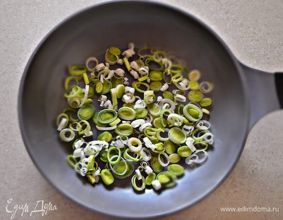 Лук-порей нарежьте колечками и слегка обжарьте на растительном масле.