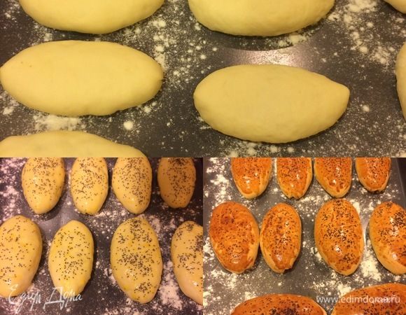 Желток смешать с молоком, смазать им пирожки и присыпать маком. Пирожки выпекать 35–40 минут.