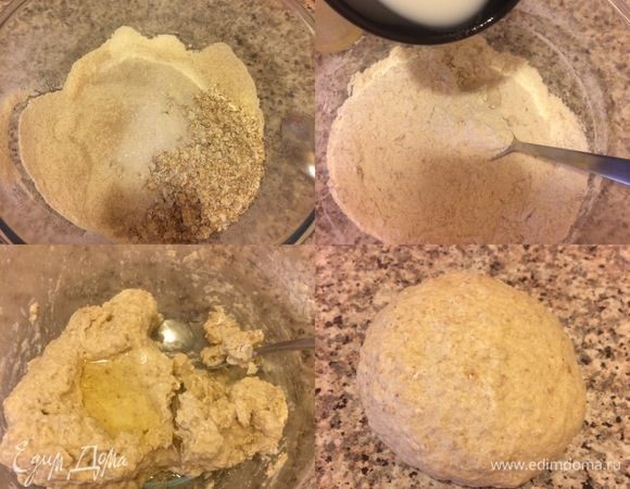 В миску просеиваем оба вида муки, добавляем сахар, соль, хлопья, дрожжи и все хорошо перемешиваем. Молоко смешиваем с водой (жидкость должна быть теплой), добавляем к сухим ингредиентам и перемешиваем. Затем добавить растительное масло и замесить нежное тесто.