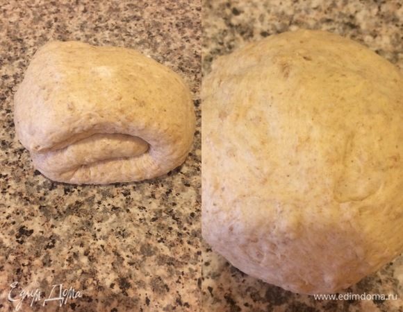 Потом еще три раза, у нас должен получиться вот такой пухлый кусочек. Затем тесту придаем круглую форму.