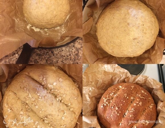 Форму застелить бумагой для выпечки, слегка присыпать мукой, положить в нее тесто, накрыть полотенцем и оставить в теплом месте еще на 30 минут. Пока тесто подходит, нагреваем духовку до 220°С. Спустя 30 минут делаем на тесте надрез, смазываем водичкой и посыпаем хлопьями. Выпекаем хлеб 10 минут с паром при 220°С, затем убавляем до 190°С и выпекаем без пара еще 40-50 минут.