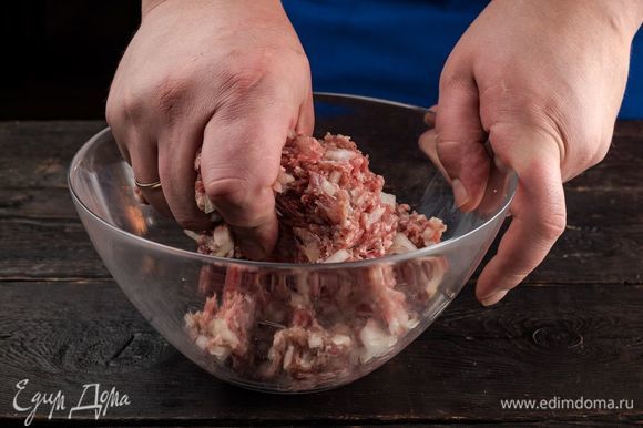 Приготовьте мясные шарики. Для этого мелко порубите лук, смешайте его с мясным фаршем.