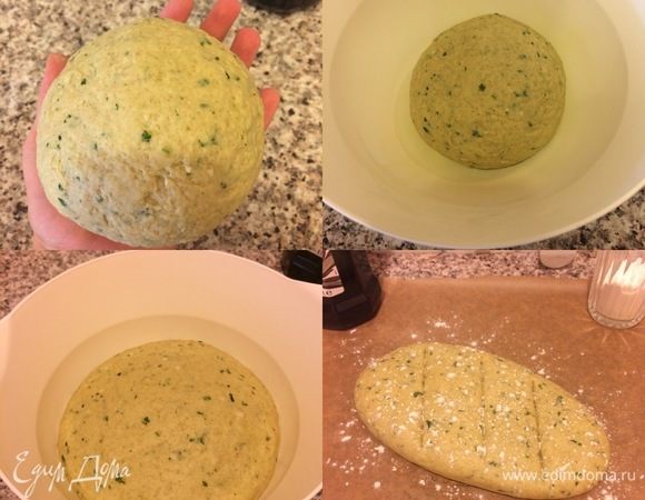 Затем переложить тесто на рабочую поверхность и месить 5-7 минут. Это делать немного сложно, так как тесто немного тугое. Миску смазать маслом, положить тесто в миску, накрыть пленкой и оставить отдыхать 45 минут или пока тесто не увеличится. Затем тесто обмять, переложить на бумагу для выпечки (я смазала лист маслом), сформировать батон, сделать надрезы и слегка присыпать мукой. Оставить еще на 45 минут. Духовку нагреть до 200°С.