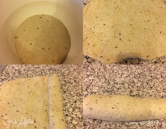 Спустя указанное время, тесто обмять, растянуть руками, затем свернуть в рулет и переложить в форму. Форму накрыть пленкой и оставить тесто в теплом месте еще на 1,5 часа.