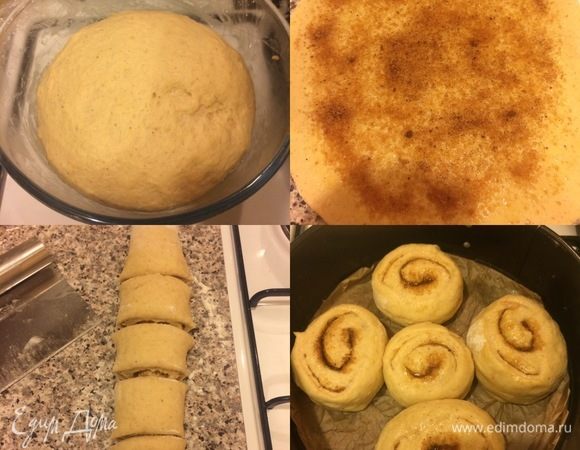 Спустя указанное время посыпать рабочую поверхность мукой, переложить тесто и раскатать. Для начинки смешать сахар, корицу и соль. Тесто смазать оставшимся маслом, посыпать сахаром с корицей и аккуратно (так как тесто очень нежное) свернуть в рулет и нарезать. Сложить булочки в форму, накрыть пленкой и дать постоять еще 30 минут. Духовку нагреть до 180°С.
