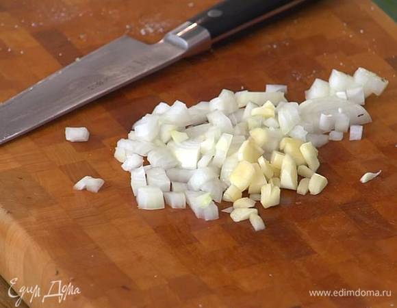 Лук и чеснок почистить и порубить не слишком мелко.