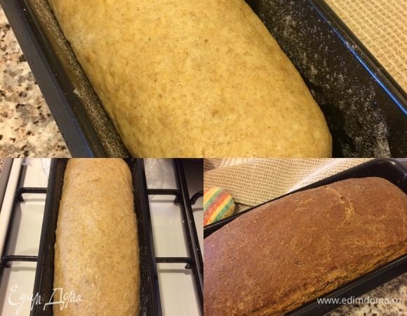 Форму слегка смазать растительным маслом и посыпать мукой. Переложить тесто в форму швом вниз, накрыть пленкой и оставить еще на 50–60 минут. За 20 минут до выпечки нагреть духовку до 190°С. Выпекать хлеб 40–55 минут.