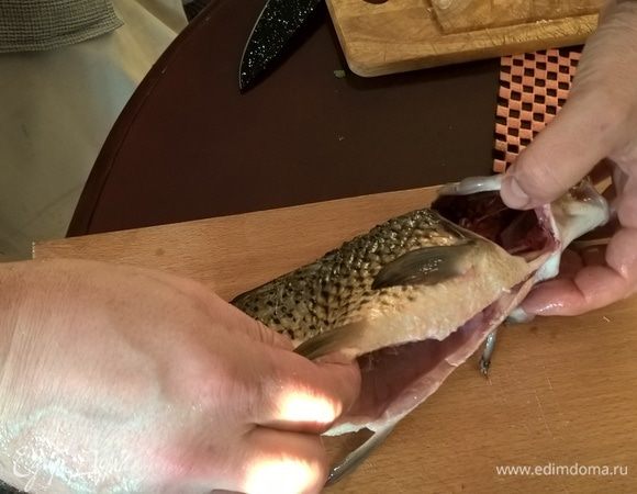 Тем временем займемся благородной рыбой. У нас имеется небольшой карп и пара пеленгасов. Чистим, потрошим и обязательно тщательно удаляем жабры. Это нужно сделать обязательно, иначе бульон будет горчить, и все ваши труды пойдут насмарку. Для справки: пеленгас — рыба морская, но на уху вполне годится, в отличие от скумбрии, сельди, вомера, хека, минтая и прочих морских обитателей, продающихся в магазинах.