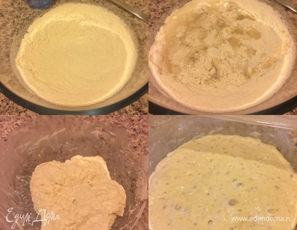 В миску просеять муку, добавить соль, дрожжи и перемешать. Затем добавить воду и перемешать ложкой (недолго, мука просто должна впитать всю воду). Все! Теперь накройте миску пленкой и оставьте тесто при комнатной температуре на 13 часов. Спустя указанное время тесто увеличится и покроется пузырьками.