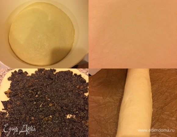 Подошедшее тесто обмять, раскатать, распределить начинку и свернуть в рулет. Перенести на противень, накрыть полотенцем и оставить еще на 30 минут. Духовку нагреть до 190°С.