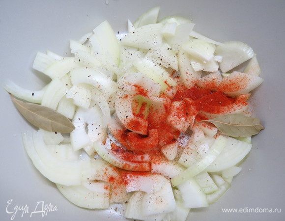 Лук нарезаем полукольцами. В кастрюлю наливаем немного растительного масла и пассеруем лук со специями, лавровым листом и солью. 