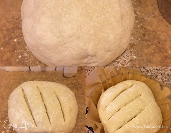 Бумагу для выпечки слегка смазать растительным маслом, положить на нее тесто, присыпать мукой, накрыть полотенцем и дать постоять в тепле 1 час. Этот хлеб надо выпекать в чугунке, по этому пока тесто отдыхает нам надо нагреть чугунок и духовку до 220°С. Чугунок кладем на решетку и ставим на средний уровень духовки, а на нижний уровень противень со сковородой или миской. Спустя указанное время достаем чугунок из дуковки, кладем хлеб в чугунок, делаем надрезы и отправляем быстро в духовку и сразу же наливаем 1 стакан кипятка в сковороду, которая стоит у нас на нижнем противне и быстро закрываем духовку.