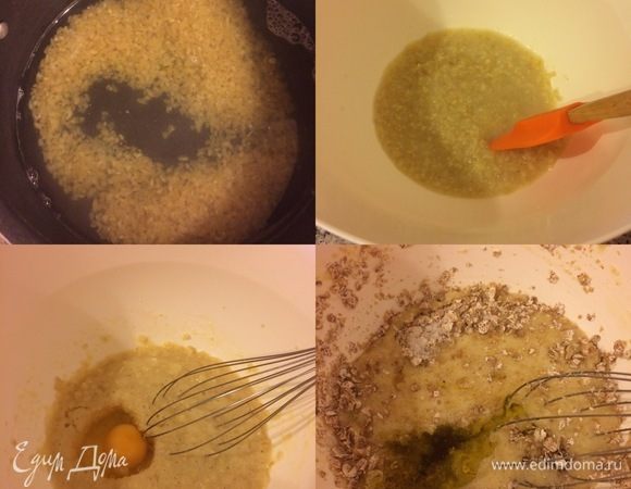 Булгур залить кипятком и оставить на 15-20 минут. Затем готовый булгур слегка пюрировать погружным блендером. В теплый булгур добавить яйца по одному и слегка взбить. Затем добавить хлопья, оливковое масло, соль, сахар, мед и перемешать.