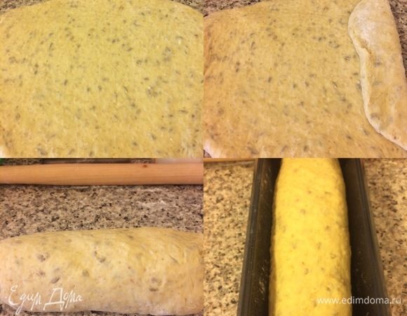 Рабочую поверхность присыпать мукой, переложить тесто, обмять, раскатать и свернуть в рулет. Форму Д-23 см слегка смазать растительным маслом и присыпать мукой, переложить тесто швом вниз в форму, накрыть пленкой и оставить на 45-55 минут.