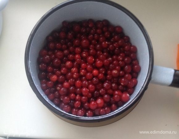 Поставить кастрюлю с водой на огонь до кипения. Клюкву перебрать и тщательно промыть.