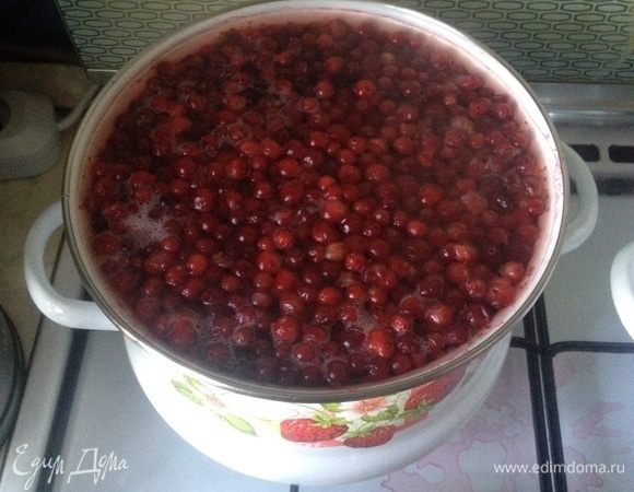 Опустить клюкву в кипящую воду на 5 минут. Откинуть на дуршлаг. Воду сохранить.