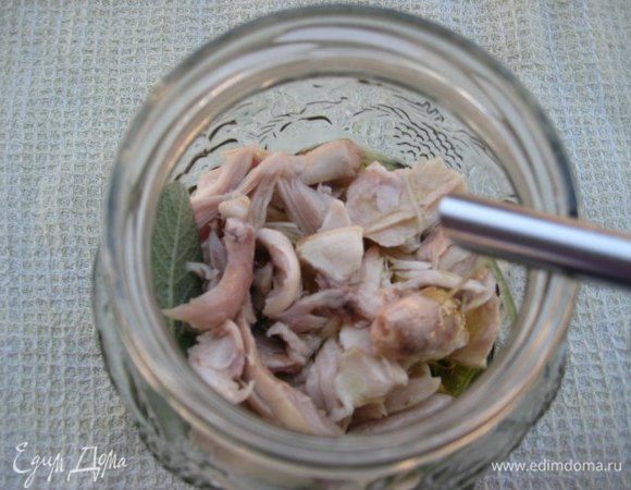 Положить плотно слой кролика, лисья шалфея, залить оливковым маслом, перекладывать слоями мясо, шалфей и масло.