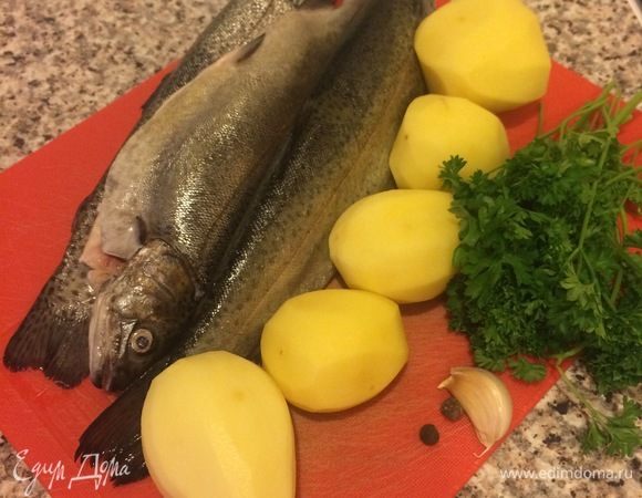 Рыбу вымыть и обсушить бумажным полотенцем. Нарезать рыбу, картофель и зелень.