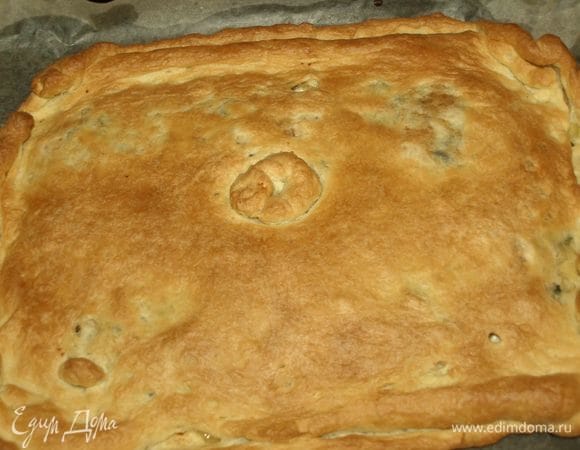 Отправляем в заранее разогретую до 180°С духовку и выпекаем 25–30 минут до золотистого цвета. Готовый пирог достать и дать постоять 5–10 минут.