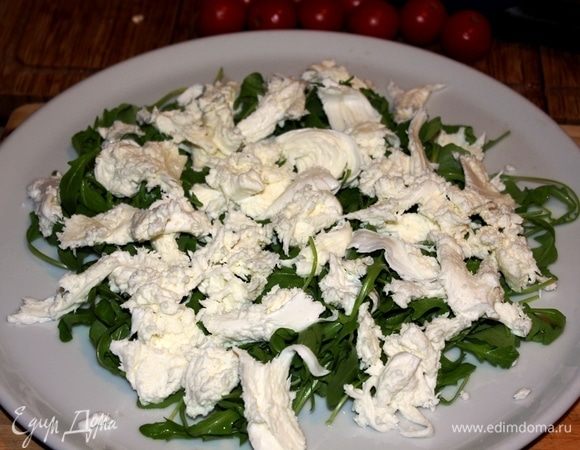 На большое плоское блюдо выложить равномерно предварительно промытую руколу. Шарик моцареллы разорвать (отщипать) пальцами на кусочки. Выложить на подушку из руколы.