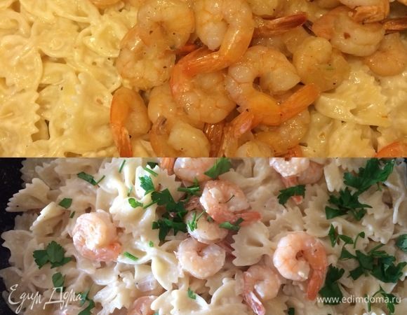 Затем добавить креветки, перемешать и посыпать зеленью.
