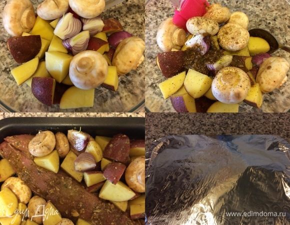 Духовку нагреть до 180-190°С. Картофель и лук крупно нарезать. В миске смешать овощи, добавить соль, перец, 1 ст. л. масла и чесночную смесь. Все хорошо пермешать. В форму выложить мясо, овощи, накрыть фольгой и отправить на 1 час в духовку. Спустя указанное время достать форму, снять фольгу и подрумять еще немного мясо в духовке.