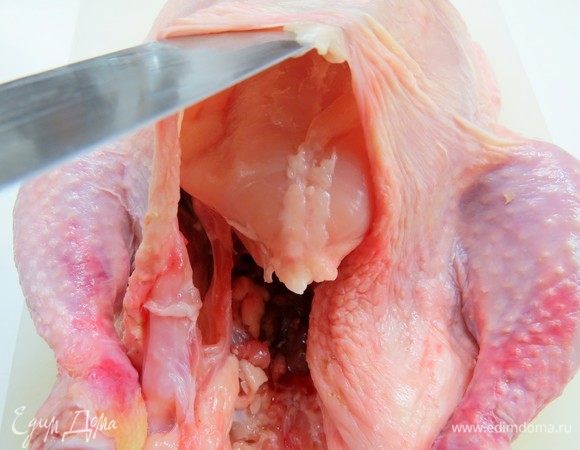 Приступим к разделке курицы. Курицу помыть и обсушить бумажным полотенцем. Аккуратно отделить кожу от мякоти со стороны грудки с помощью ножа.