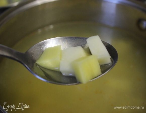 Довести до кипения. Добавить нарезанный кубиками картофель. Варить 5 минут.