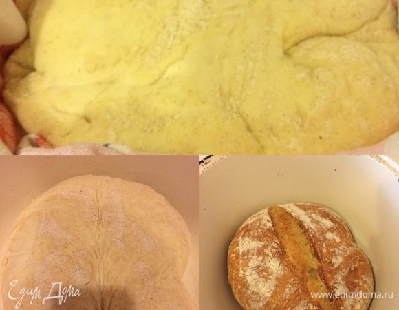 Пока тесто подходит, в духовку ставим чугунок и нагреваем ее до 220°С. Спустя указанное время достаем чугунок, аккуратно перекладываем в него наше тесто (швом вниз), делаем надрез, накрываем крышкой и отправляем в духовку на 20 минут. Спустя 20 минут снимаем крышку, опускаем температуру до 200°С и печем наш хлеб до готовности еще где-то 20–30 минут.