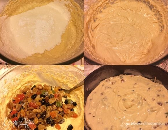 Муку просеять с разрыхлителем и солью, добавить в тесто и хорошо перемешать миксером. Затем добавить сухофрукты, изюм и аккуратно перемешать ложкой. Переложить тесто в форму, разровнять и ложкой в середине сделать углубление (это делается для того, чтобы при выпечке купол был не слишком большой).