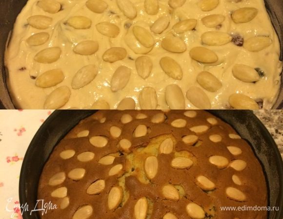 Украсить миндалем и выпекать 60–70 минут (до сухой спички), если верх пирога начнет подгорать, опустите противень на нижний уровень духовки.