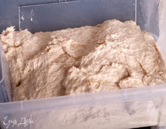 Готовое тесто выложить в просторный контейнер, смазанный растительным маслом. Накрыть крышкой или затянуть пленкой.