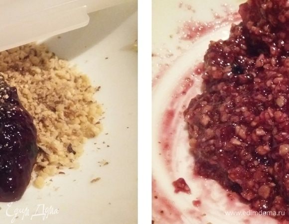 Смешать вместе джем, молотые орехи и добавим ароматную приправу для выпечки и десертов, в ней и кардамон с корицей, и мята с гвоздикой, цедра лимона. 