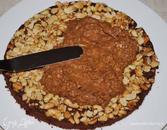 Распределить смесь на остывший бисквит, где сверху арахис. Убрать в морозильную камеру, чтобы бисквит остыл.