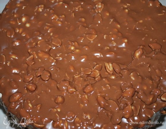 Глазурь. Растопить молочный шоколад (175 г) в микроволновке, в растопленный шоколад добавить 40 г растительного масла без запаха, все сразу пробить блендером до однородности и добавить порубленные обжаренные орехи (90 г). Все перемешать. Торт покрыть глазурью.