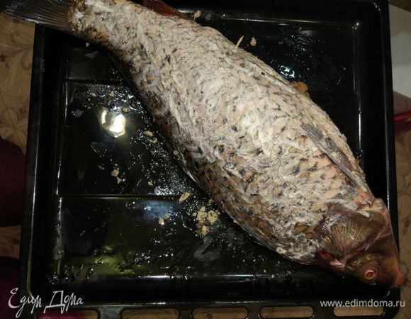 Начинить сазана гречей с овощами.
Скрепить зубочистками и выложить на противень.
Запекать при температуре 180°С 30–40 минут (в зависимости от веса сазана).