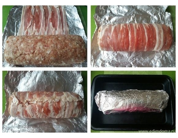 На бекон положить рулет и также аккуратно завернуть. Рулет должен быть завернут в бекон полностью. Завернуть в фольгу и отправить запекать при 200°С на 50 минут. Через 40 минут запекания развернуть фольгу и продолжить запекать до образования румяной корочки бекона.