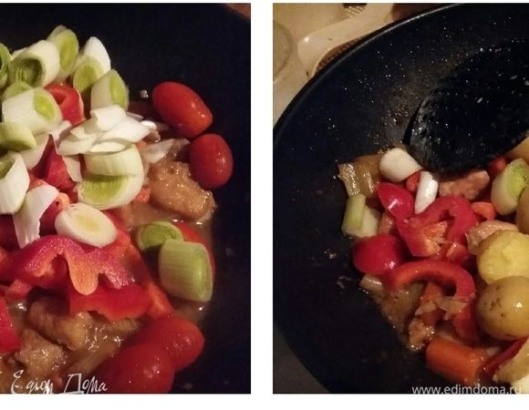 По прошествии 20 минут положить болгарский перец, лук-порей, помидоры черри и картофель, посолить. 