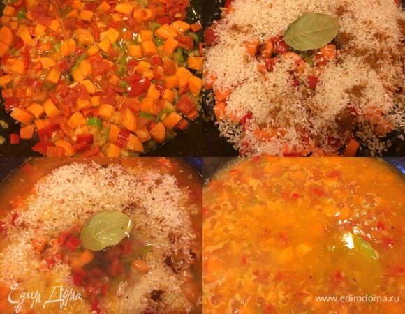 Когда алкоголь выпарится добавить рис, лавровый лист, соль, паприку, тимьян, перец чили хлопьями, залить (процеженным) бульоном, дать закипеть, затем уменьшить огонь, накрыть крышкой и варить 10 минут.