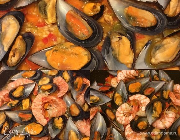 Спустя указанное время сверху на рис разложить мидии, накрыть крышкой и варить еще 5 минут. Затем добавить креветки опять накрыть крышкой и держать на огне еще 3-5 минут (креветки должны поменять цвет).