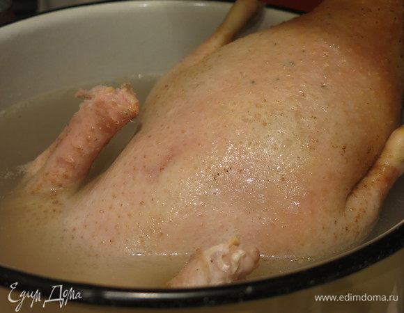 Перед маринованием утку дважды ошпариваем (погружаем в кипяток) и промываем водой. Так поры закроются. При необходимости убираем перья.