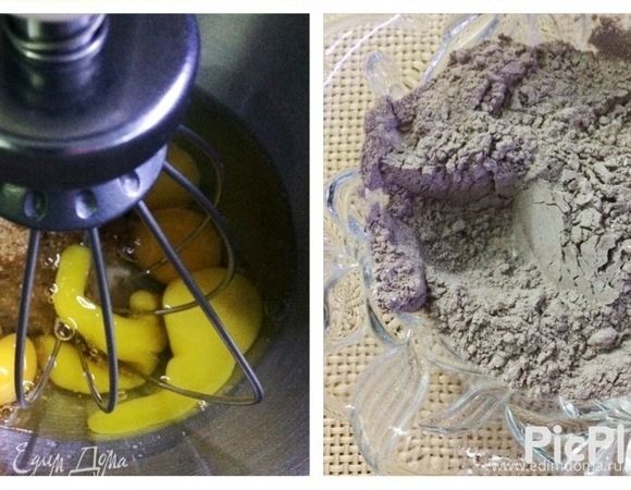 Весь процесс взбивания занимает минуты 2-3.
В отдельной емкости смешиваем просеянную муку и остальные сухие ингредиенты. 