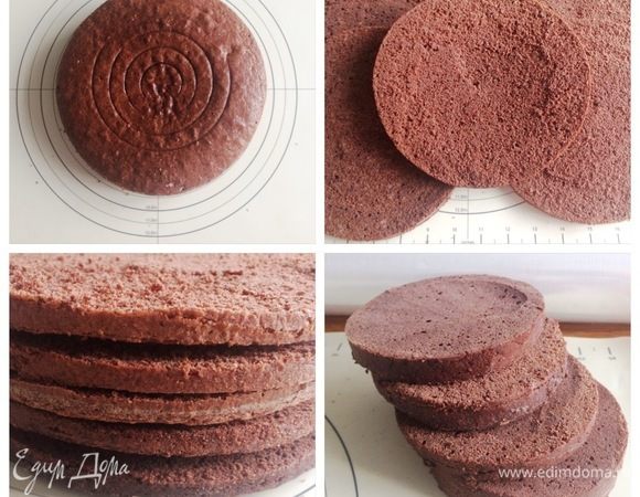 На предмет готовности, бисквит проверяем зубочисткой, она должна быть сухой.
Готовый бисквит выложить на решетку и полностью остудить. Разрезать на 3 части.
У меня бисквит разного диаметра, т. к. торт двухъярусный.