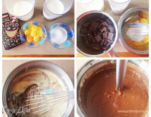 Креме шоколадное:
В сотейнике довести сливки и молоко до кипения. Сахар смешать с желтками. 
Одну часть горячей молочной жидкости добавляем к желткам, перемешиваем. Возвращаем все в сотейник и варим до 82°С. Полученный горячий крем выливаем на поломанный шоколад и все пробиваем погружным блендером. Креме охлаждаем и отправляем в холодильник до сборки торта.