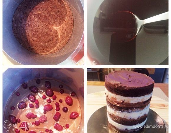 Сборка торта:
Кольцо, в котором собирается торт простелить ацетатной пленкой. 
Для своего торта я использовала два кольца: одно кольцо на 20 см, другое на 10 см. Процедура сборки совершенно идентичная. Выкладываем в кольцо диск бисквита, пропитываем его при помощи кисточки сиропом, сверху выкладываем тонким слоем креме. Поверх креме выложить вишни, вымоченные в алкоголе. Немного подморозить. Выложить часть крема «Черный лес» сверху на вишни, накрыть вторым слоем бисквита и повторить процедуру. 