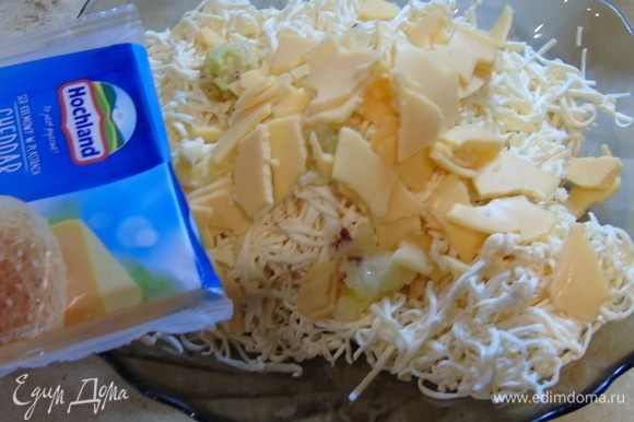 В плавленный сыр Hochland добавьте кусочками сыр для бутербродов. Я просто порвала руками. Этот сыр придаст определенную структуру.