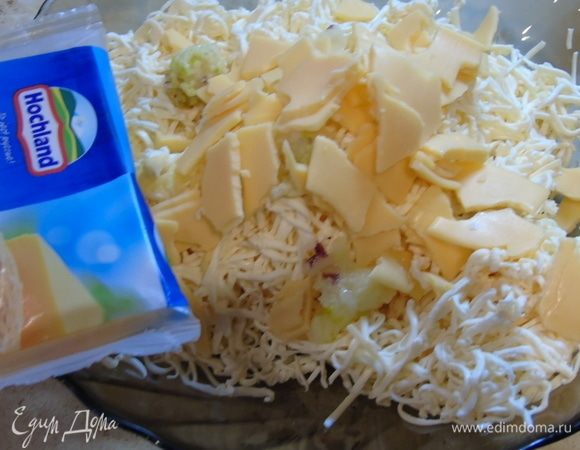 В плавленный сыр Hochland добавьте кусочками сыр для бутербродов. Я просто порвала руками. Этот сыр придаст определенную структуру.