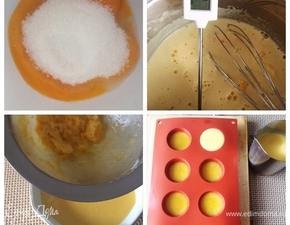 Мандариновое креме: желтки смешать с сахаром. В сотейнике нагреть пюре мандарина с цедрой и сливками. Часть жидкости влить к желтково-сахарной смеси. Перемешиваем венчиком и возвращаем в сотейник. Варим, постоянно помешивая до 82°С. На водяной бане распустить предварительно замоченный желатин (не кипятим). Снимаем креме с огня и добавляем распущенный желатин. Массу процеживаем и слегка остужаем. Вынимаем формы с желе из морозилки и выливаем сверху креме. У меня разные формы, поэтому и на фото они разные, но сути процесса это не меняет. Возвращаем формы обратно в морозилку. Это и есть наша начинка для пирожного/торта. 