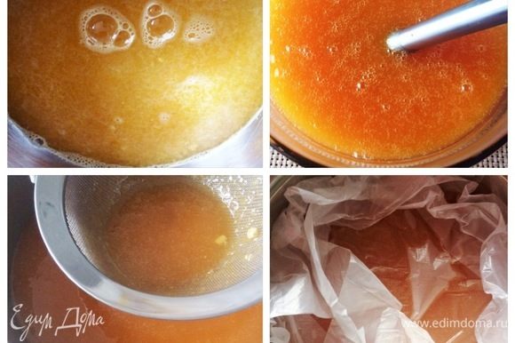 Мандариновая глазурь: в сотейнике нагреть апельсиновый сок, мандариновое пюре и воду до 40°С. Ввести пектин, предварительно смешанный с сахаром. Довести до кипения. Добавить лимонный сок и распущенный желатин. Пробить всю смесь блендером. Накрыть пленкой в контакт. Остудить и отправить в холодильник для стабилизации, как любую другую зеркальную глазурь, на ночь. Перед использованием нагреем ее и пробьем опять блендером. Используем при достижении температуры 30-32 градуса. Так что без термометра тоже не обойтись.